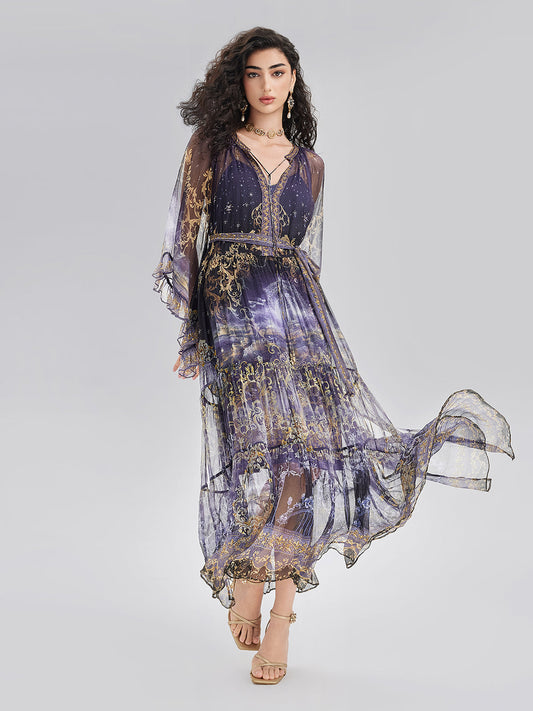 Silk Crystal-Embellished Baroque Print Dress