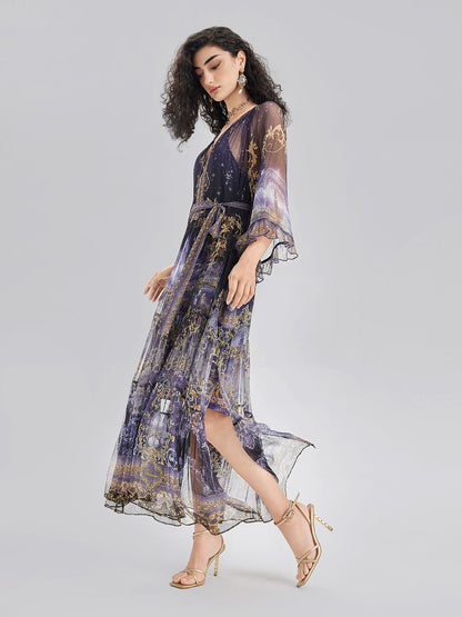 Silk Crystal-Embellished Baroque Print Dress