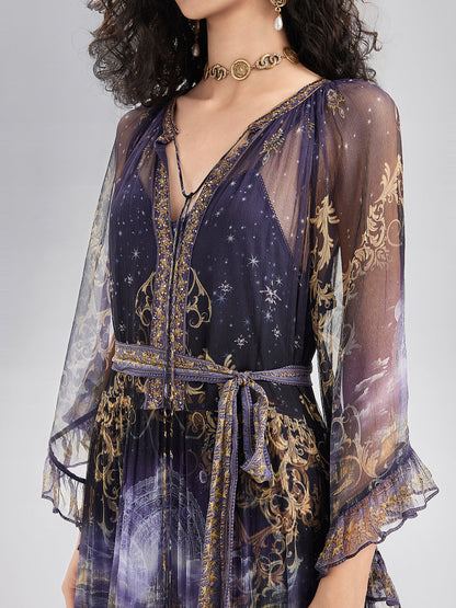 Silk Crystal-Embellished Baroque Print Dress