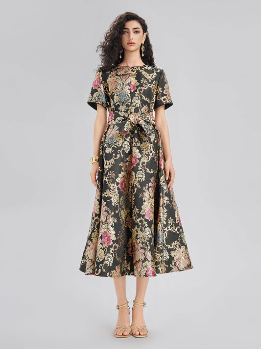 Vintage Metallic Embroidered Evening Gown Dress