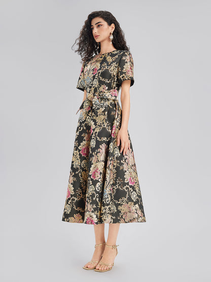 Vintage Metallic Embroidered Evening Gown Dress
