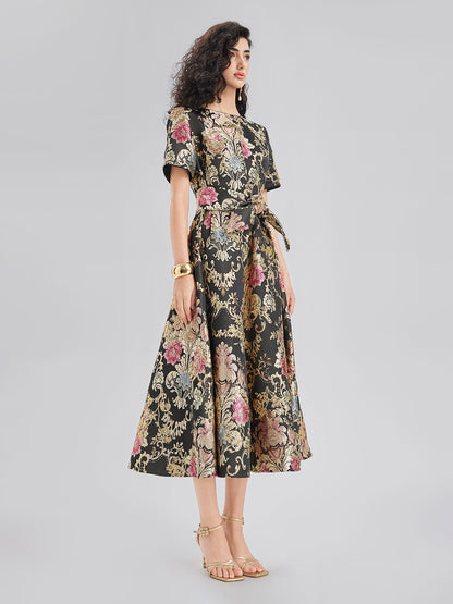 Vintage Metallic Embroidered Evening Gown Dress