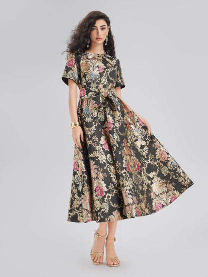 Vintage Metallic Embroidered Evening Gown Dress