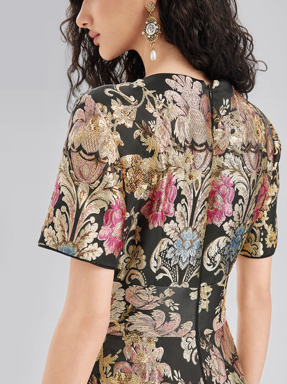 Vintage Metallic Embroidered Evening Gown Dress