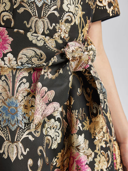Vintage Metallic Embroidered Evening Gown Dress