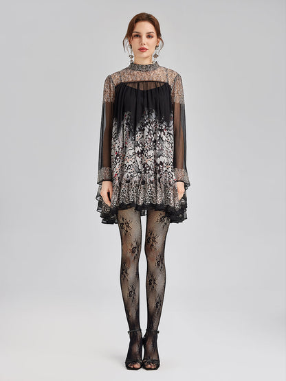 Silk Rhinestone-Embellished Baroque Print Dress