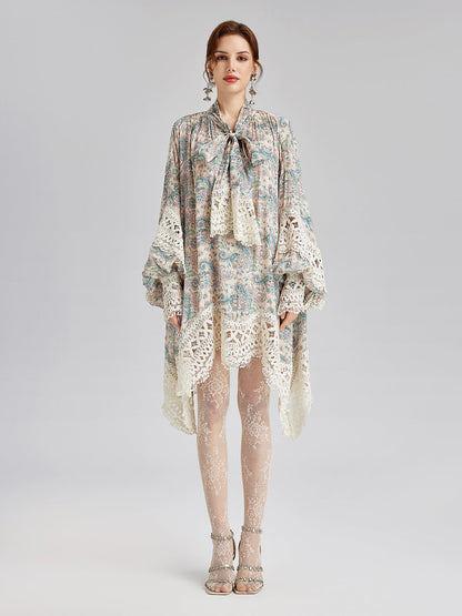 Linen Paisley Print Lace Dress