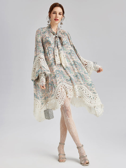 Linen Paisley Print Lace Dress