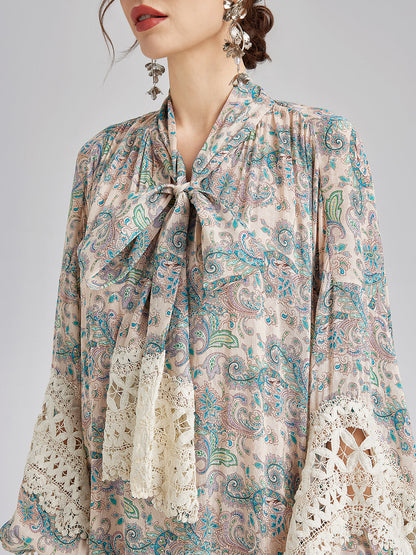 Linen Paisley Print Lace Dress