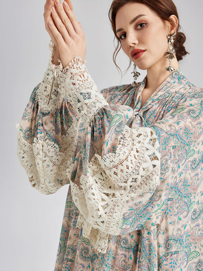 Linen Paisley Print Lace Dress