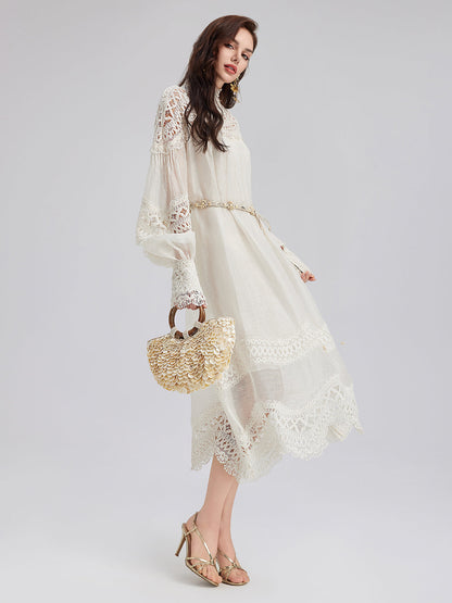 French Linen Openwork Lace Dress