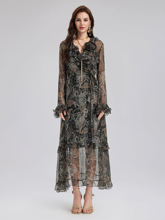 Cashew Flower Ruffle V-Neck Silk Dress