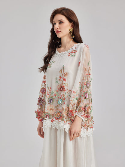 Silk Embroidered Floral Tiered Dress