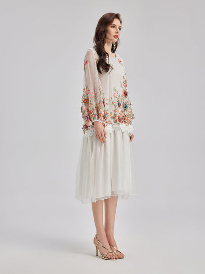 Silk Embroidered Floral Tiered Dress