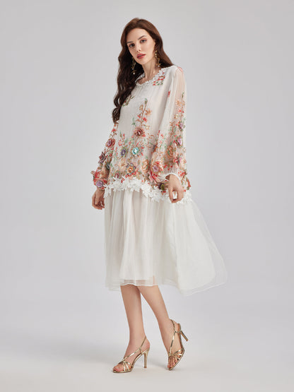 Silk Embroidered Floral Tiered Dress