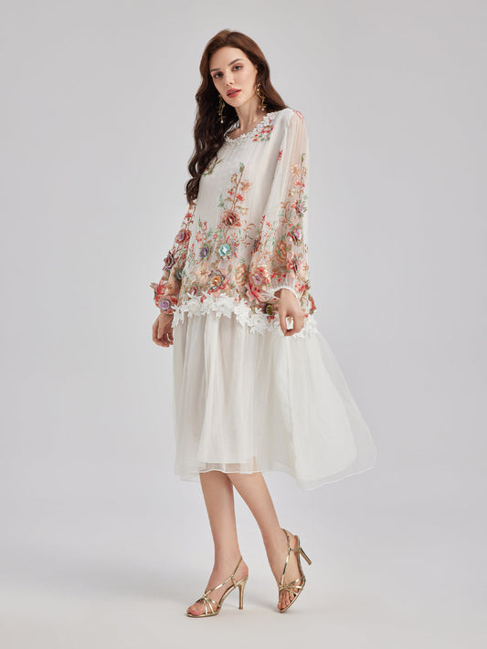 Silk Embroidered Floral Tiered Dress