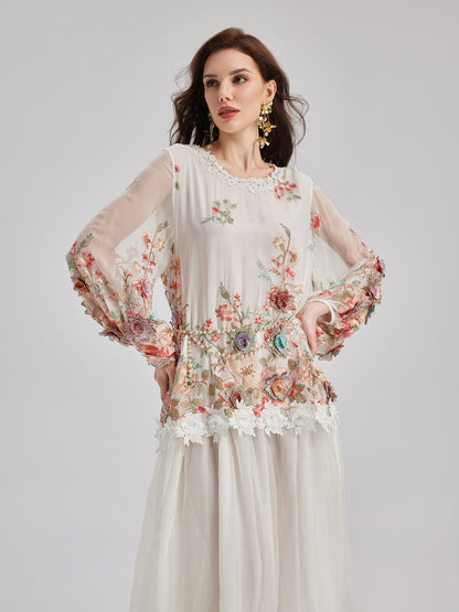 Silk Embroidered Floral Tiered Dress