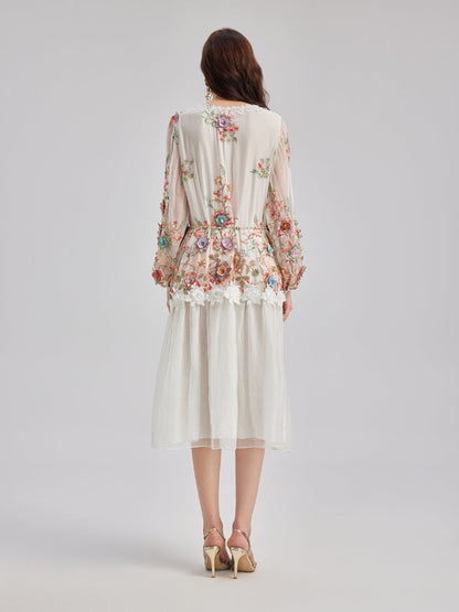 Silk Embroidered Floral Tiered Dress