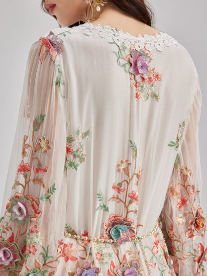 Silk Embroidered Floral Tiered Dress
