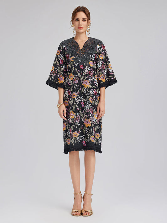 Sequin-Embroidered Raw-Edge V-Neck Dress