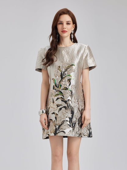 Luxe Bronzing Embroidered Floral Sequin Dress