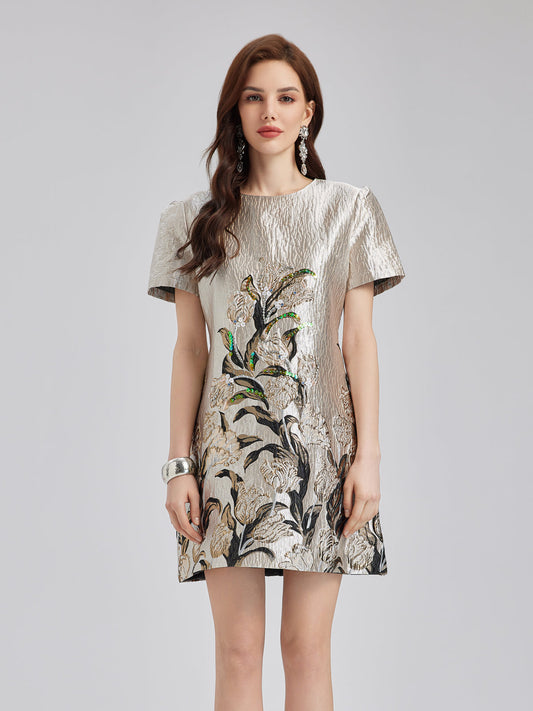 Luxe Bronzing Embroidered Floral Sequin Dress