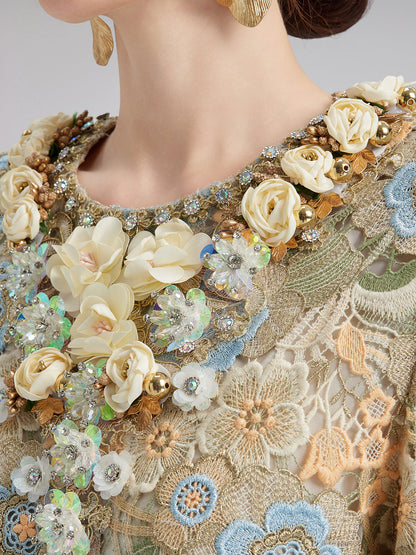 Beaded Multicolor Lace Baroque Dress