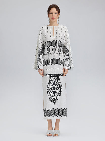 Linen Geometric Print Batwing Maxi Dress