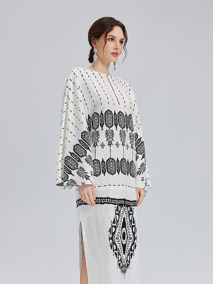 Linen Geometric Print Batwing Maxi Dress