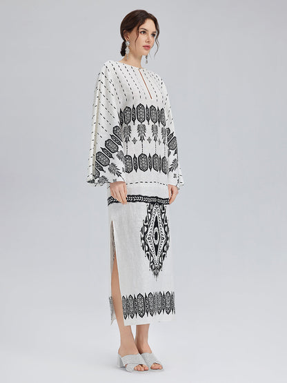 Linen Geometric Print Batwing Maxi Dress