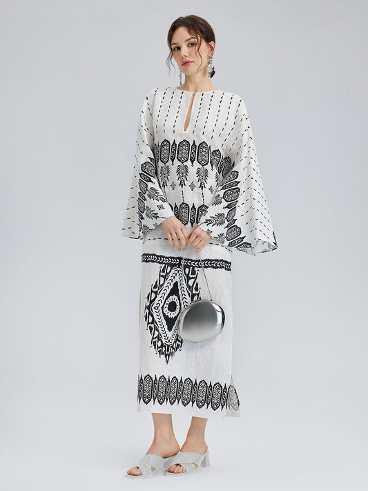 Linen Geometric Print Batwing Maxi Dress