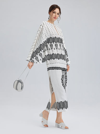 Linen Geometric Print Batwing Maxi Dress