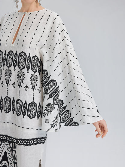 Linen Geometric Print Batwing Maxi Dress
