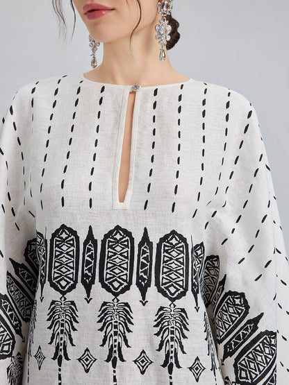 Linen Geometric Print Batwing Maxi Dress