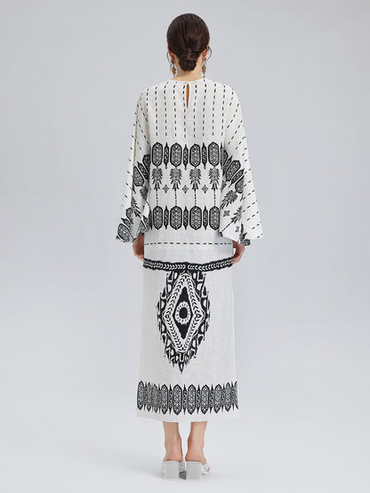 Linen Geometric Print Batwing Maxi Dress