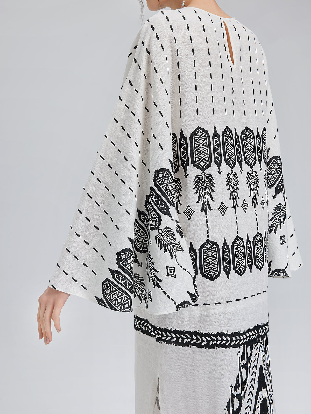 Linen Geometric Print Batwing Maxi Dress