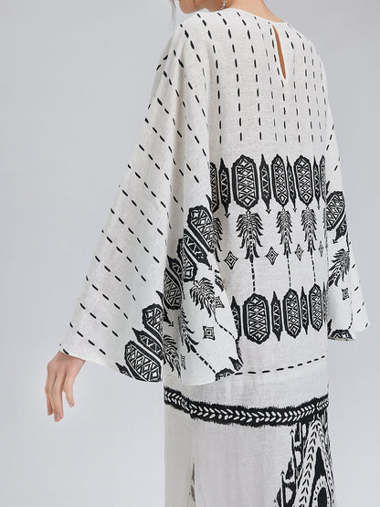 Linen Geometric Print Batwing Maxi Dress