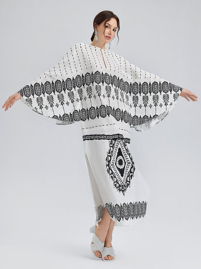 Linen Geometric Print Batwing Maxi Dress