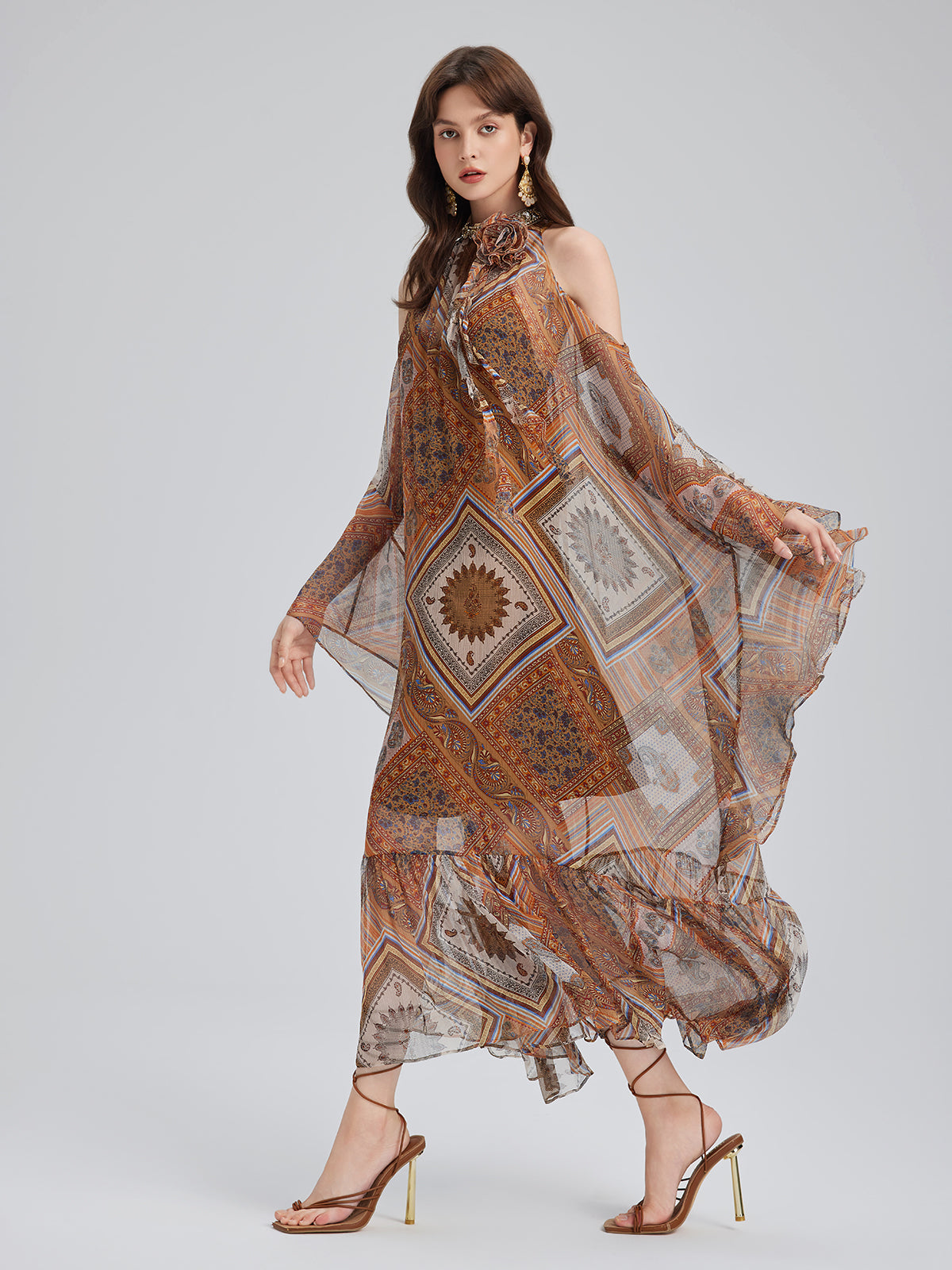 Beaded Silk Bohemian Print Dress