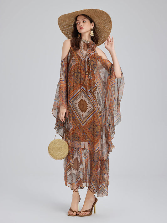 Beaded Silk Bohemian Print Dress