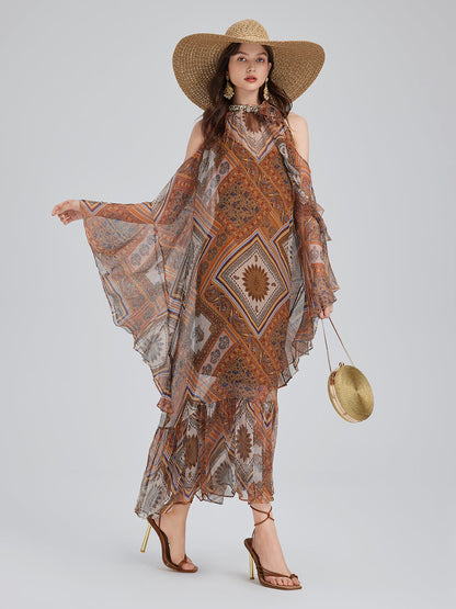 Beaded Silk Bohemian Print Dress