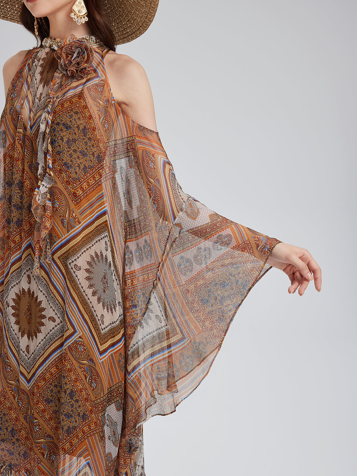 Beaded Silk Bohemian Print Dress