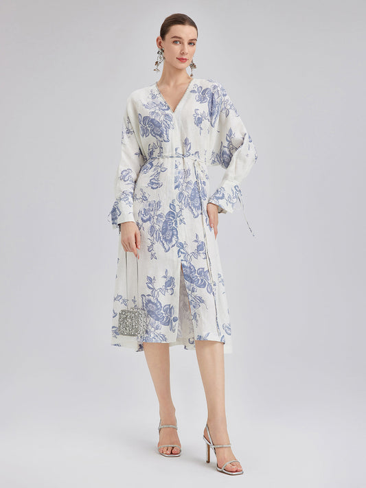 Linen Hand-Beaded Printed Dress (100% Linen)