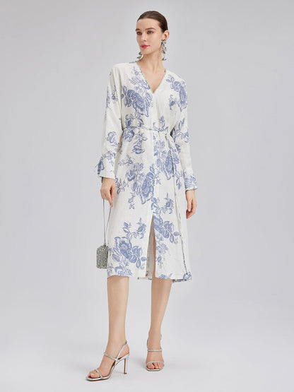 Linen Hand-Beaded Printed Dress (100% Linen)