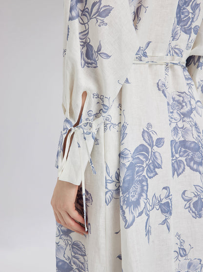 Linen Hand-Beaded Printed Dress (100% Linen)