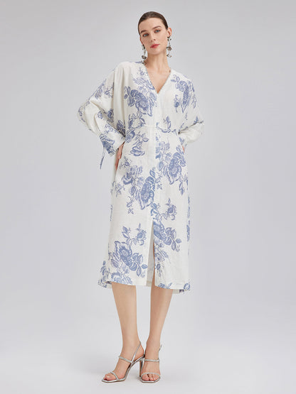 Linen Hand-Beaded Printed Dress (100% Linen)