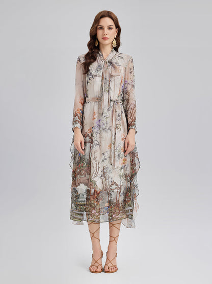 Silk Court Print Pleated Maxi Dress