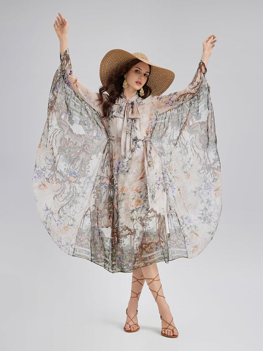 Silk Court Print Pleated Maxi Dress