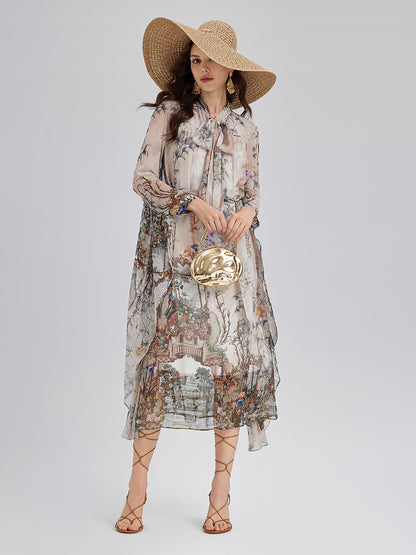 Silk Court Print Pleated Maxi Dress