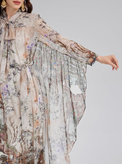 Silk Court Print Pleated Maxi Dress